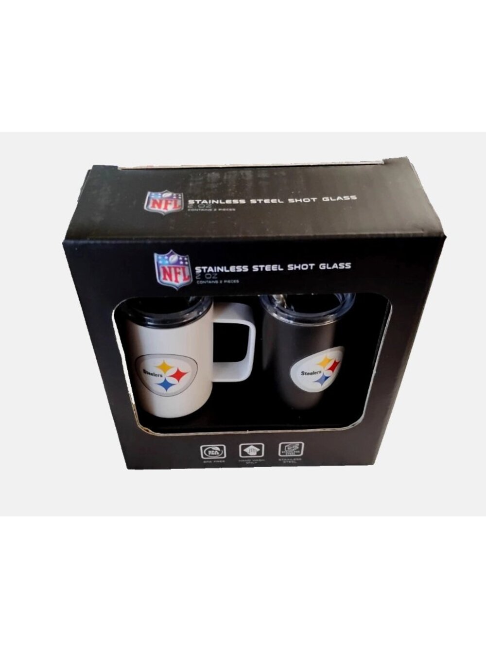 Pittsburgh Steelers 2Pk Shot Glass Steins Stainless Steel Metal Straw Vac Seal